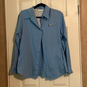 236 Columbia Turquoise PFG Snap Shirt Long Roll  up Tab Sleeves  Size L